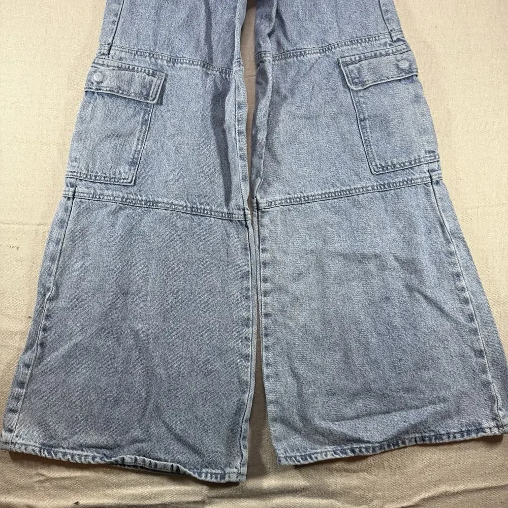 Kendall & Kylie Wide Leg Cargo Denim Jeans Light Wash High Waisted Flare 22W XXS